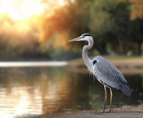Fototapeta premium Heron bird by the lake during sunset reflecting nature and wildlife outdoors