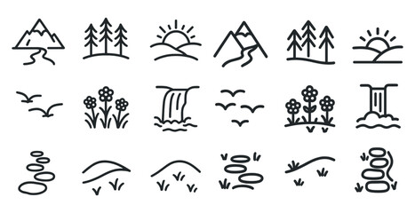 Nature and landscape icons set &ndash; outline, linear, environment and scenery symbols