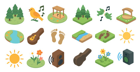 Nature and music isometric icons set – 3d, flat, sound and outdoor symbols