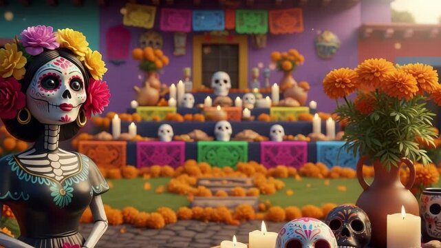 La Calavera Catrina at a Dia de los Muertos celebration. Female skeleton figure with an ofrenda altar, sugar skulls, and marigold flowers.