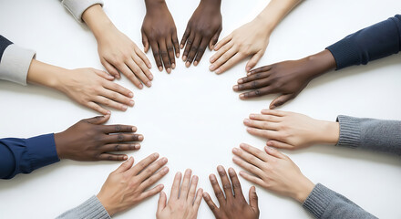 Diverse hands reaching inward on white background unity connection