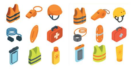 Safety equipment icons set – isometric, flat, protection and emergency symbols