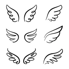 Collection of Simple Black Line Art Angel Wings on White Background vector