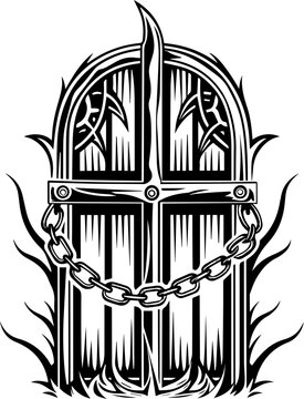SVG Skeleton Ghost Port Cities in tattoo style. Intricate Dark Gate Design with Chain and Thorny Vine Element