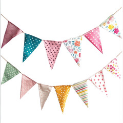 Fototapeta premium A festive bunting with multi-colored pennants, each with unique patterns like stripes, polka dots, and florals, suspended over a backyard BBQ. isolate on transparent background