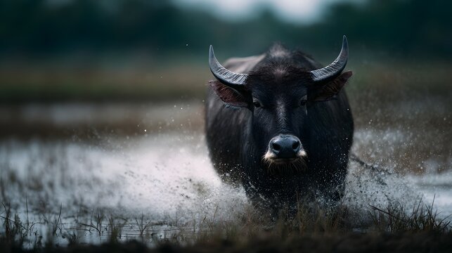 Water buffalo plowing a wet rice field