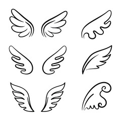 Collection of Stylized Hand Drawn Angel Wings on White Background drawing sketch