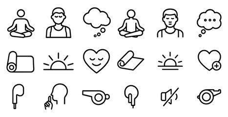 Meditation and wellness line icons set – outline, yoga, mindfulness symbols