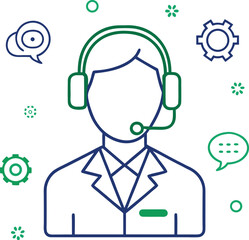 Line art customer support icons for communication and assistance services isolated on transparent background