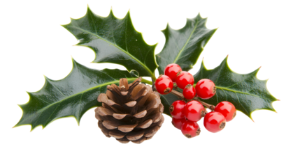 Festive Christmas Holly Berry and Pine Cone Decoration Isolated on White Background