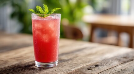 Obraz premium Refreshing watermelon mint cooler with ice on wooden table.