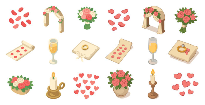 Wedding and romance isometric icons set – celebration, love, matrimonial symbols