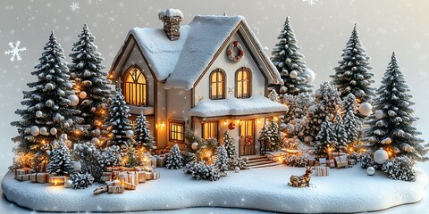 Snow covered house surrounded by decorated trees and gifts Christmas winter