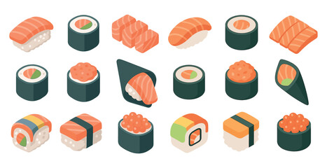 Sushi and culinary icons set – isometric, flat, japanese food symbols and graphics