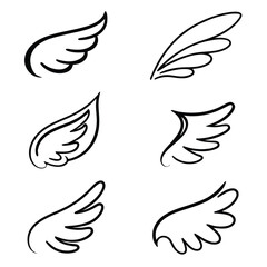 Six Black Outline Wing Designs on White Background angel bird