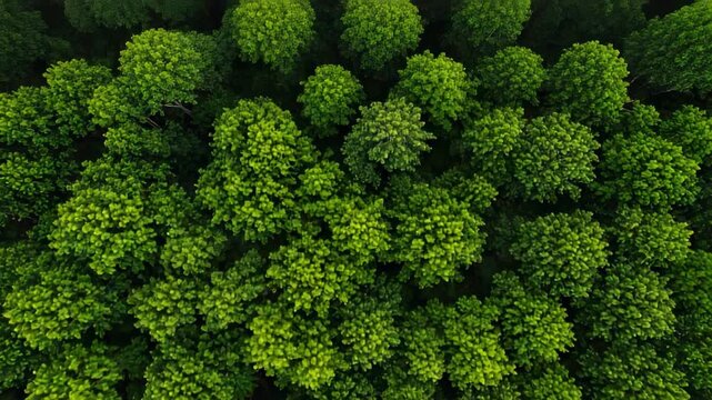 Aerial view of a lush green forest canopy. Top down drone shot of vibrant treetops in a dense woodland.