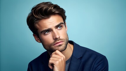 Fototapeta premium Young handsome man feeling serious, thoughtful and concerned, staring sideways with hand pressed against chin against blue background 