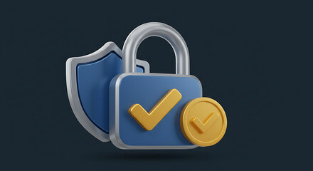 Secure digital padlock with a protective shield and golden coin symbolizing data protection and financial security