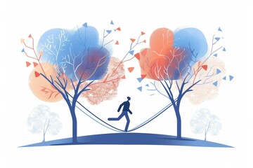 Abstract art of silhouette running between colorful trees