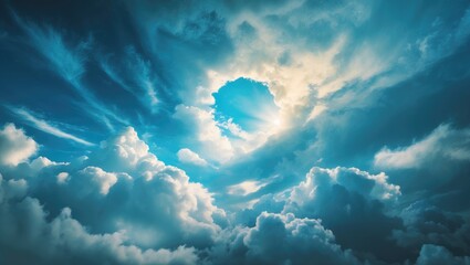 Fototapeta premium Clouds and the bright sun through a hole in the sky.