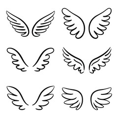Six Hand Drawn Black Angel Wings on White Background drawing