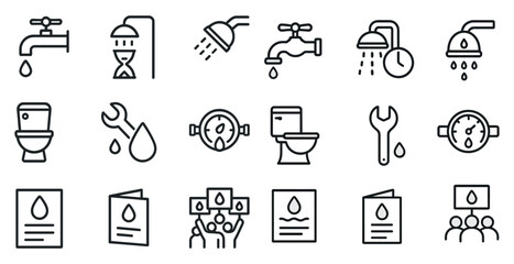 Fototapeta premium Water conservation outline icons set – linear, line, eco and sustainability symbols