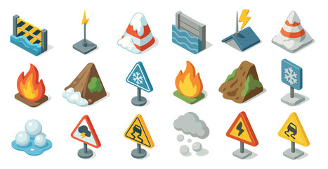 Weather and hazard isometric icons set – 3d, warning, climate symbols