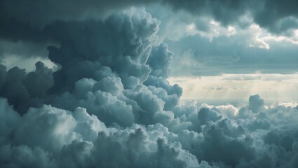 Clouds and stormy weather with dark, dense clouds and sunlight breaking through the sky. Nature and weather phenomena. Atmospheric and meteorological concepts.