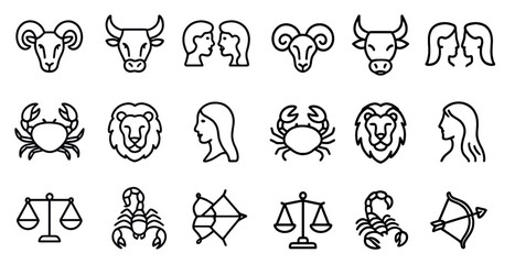 Zodiac and astrology line icons set – horoscope, outline, star signs symbols