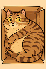 Cute cartoon illustration of a plump tabby cat squeezing into a small cardboard box, comical snug-fit concept ideal for humor greeting cards, pet blogs, children’s books and playful social media posts