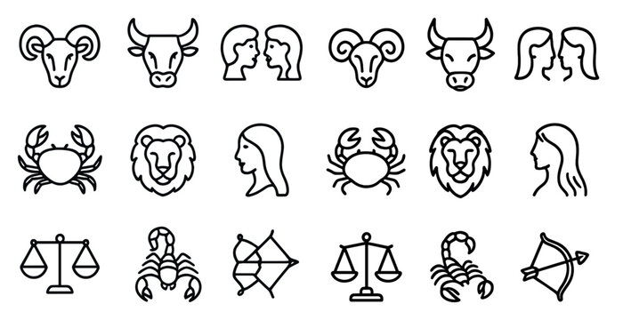 Zodiac and astrology line icons set – horoscope, outline, star signs symbols