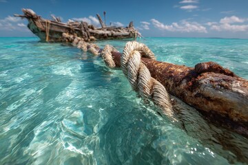 Wrecked boat in crystal-clear ocean water, foreground chain, blue sky background