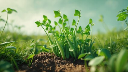 Obraz premium Green young plants sprouting from soil in a garden.