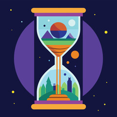 Hourglass with Landscapes Cityscape and Cosmic Elements Illustration
