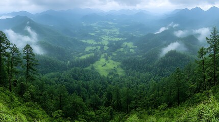 Obraz premium Lush valley nestled amongst misty mountain peaks.
