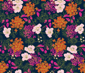 Floral seamless textile print with Hydrangea and blossoming flowers in a dark blue background