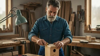 Focused senior man with a grey beard building a wooden birdhouse. Carpenter at work in his workshop with tools. - Powered by Adobe