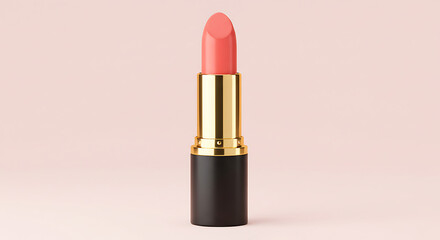 Fototapeta premium A single tube of coral pink lipstick with a gold accent stands upright against a soft pale pink background