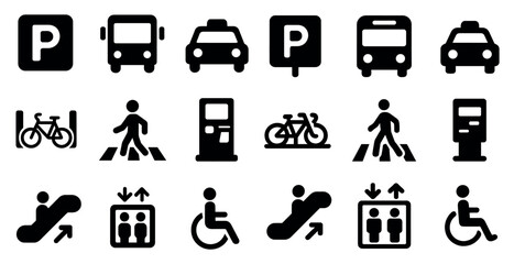 Transportation and travel symbols icons set – solid, filled, commuting and mobility essentials