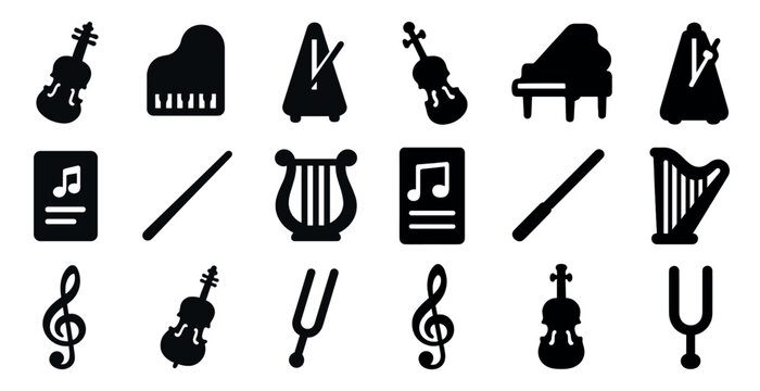 Musical instruments solid icons set – filled, orchestra, band visuals