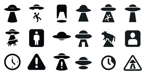 Ufo and alien solid icons set &ndash; silhouette, space, extraterrestrial symbols