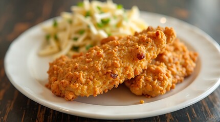Crispy fried chicken tenders served alongside fresh coleslaw on a white plate.