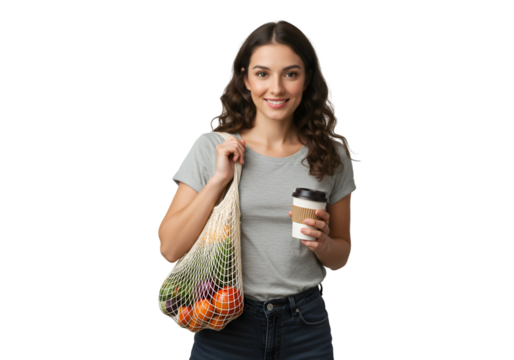 Photo of Young Woman with Groceries and Coffee on Transparent Background