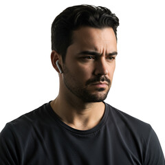 Fototapeta premium Portrait of Man in Black Shirt with Earbuds