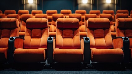 Fototapeta premium Empty theater seats with orange upholstery arranged in rows.
