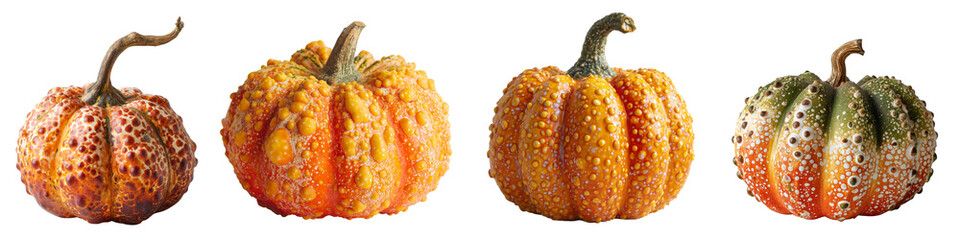 Collection of warty pumpkins isolated on white or transparent background