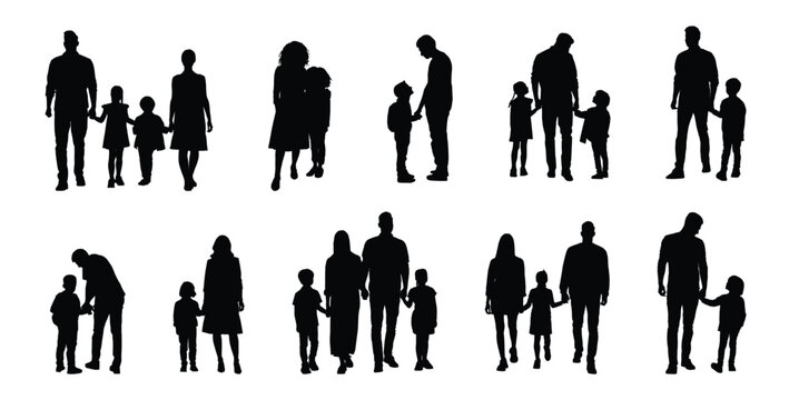 Silhouette of parents with children, family walking and talking poses, black vector figures on white background, perfect for parenting, education, and social campaign designs