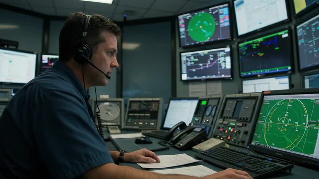 Focused male air traffic controller with headset working in a dark control room. Operator monitoring multiple radar screens and data displays in a command center.