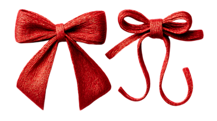 Two shiny red fabric bows, one tied and one untied, displayed isolated on white or transparent png to accentuate their intricate textures and form