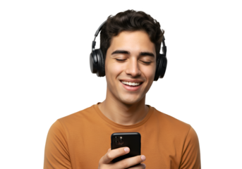 Portrait of Young Man Listening Music on Phone